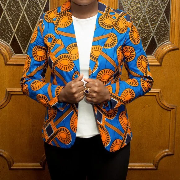 NWT Geometric African Print Blazer - B1473 Blue & Orange - Picture 2 of 4